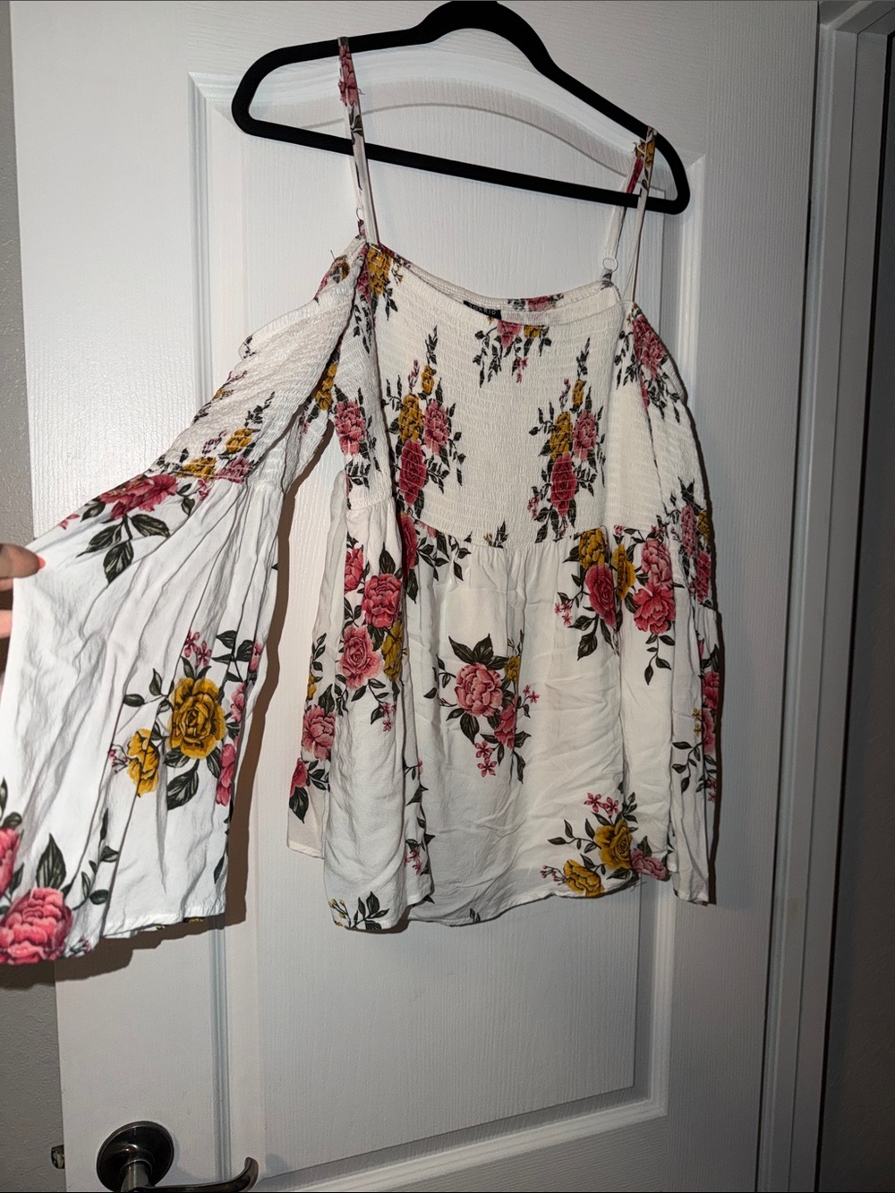 torrid White Floral Off-Shoulder Tunic with Bell Sleeve